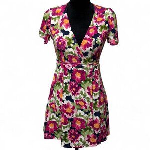 Lulus Mini Dress Size S Harbor Point Magenta Multi Floral Wrap Short Sleeve